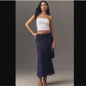 Anthropologie Maeve Ruched Yoke Column Maxi Skirt Navy Blue Small NWT Lined